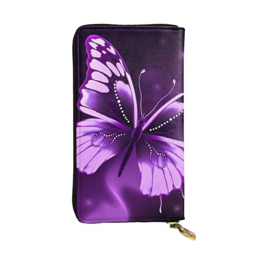 Cute Purple Butterfly Wallet for Men Women Long Purse Leather Clutch Large Business Handbag Travel Phone Holder Credit Card Holder Money Case with Zipper Leather Wallets Gift