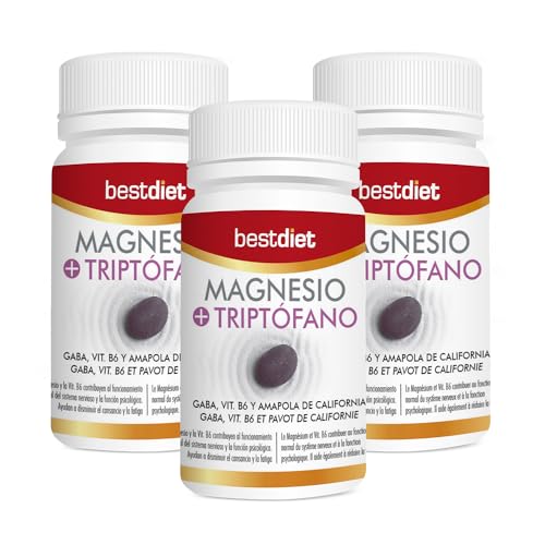 BestDiet - Magnesio + Triptófano - complemento alimenticio | mantiene un óptimo estado del sistema nervioso central | esencial para regular la presión arterial - Pack de 3 botes con 30 cápsulas