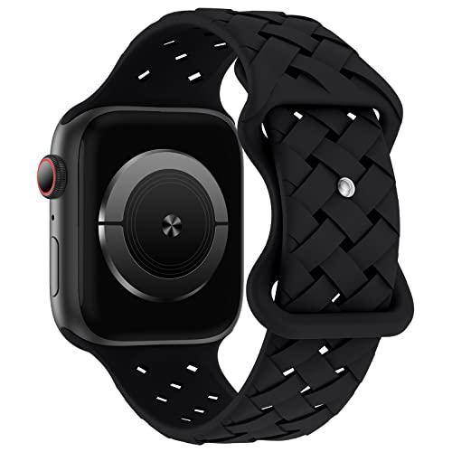 Image of Silicone Braided Weave Bands Compatible with Apple Watch 38mm 40mm 41mm 42mm 44mm 46mm 45mm 49mm, Replacement Sport Breathable Strap for iWatch Series 11 /10 /9 /8 /7 /6 /5 /4 /3 /2 /1 Ultra SE Women Men, Black