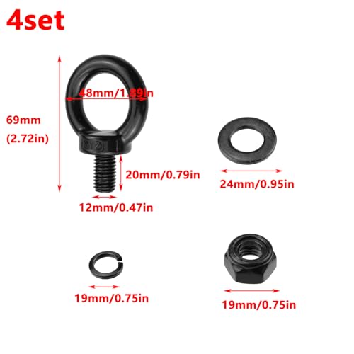 Image of Antrader Lifting Shoulder Eye Bolts,Stainless Steel Machinery Shoulder Lifting Eye Bolt with Lock Nuts,Lock Washers, Flat Washers,M12,Black (4 Sets)