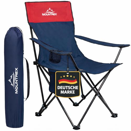 MOUNTREX Campingstuhl Faltbar (bis 120kg) - Klappstuhl mit Verstellbare Armlehne - Anglerstuhl, Strandstuhl - Klappbar, Kompakt & Leicht - Camping Stuhl Inkl. Getränkehalter und Tasche (Blau)
