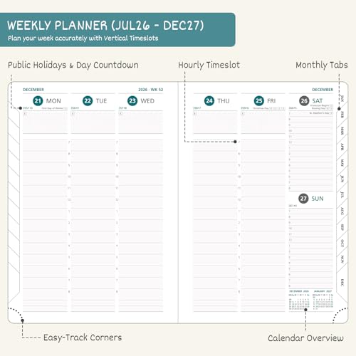 BEZEND Weekly Planner 2026-2027 (6" x 8.5") with Hourly Timeslots (Jul 26-Dec 27) 18 Months Academic Calendar & Monthly Tabs, Ideal for Students, Work & Home, PU Leather Hardcover -Black - Image 3