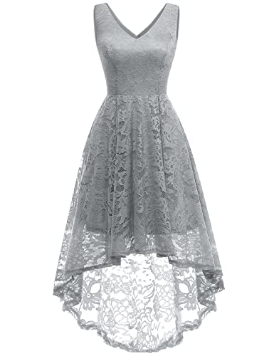 MUADRESS 6666 Vestido Cóctel Sin Manga Cuello Y Espalda V Hi-lo Flor Encaje Elegante Mujer Gris L Cover