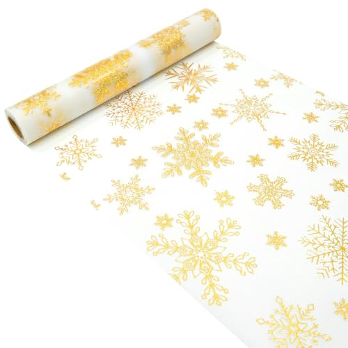 Camino de Mesa Navidad, Table Runner Christmas, 28CM*500CM Rollo Camino de Mesa con Patrón de Copos de Nieve Dorados, Decoración Navideños Camino de Mesa, para Navidad, Cena, Boda, Fiesta