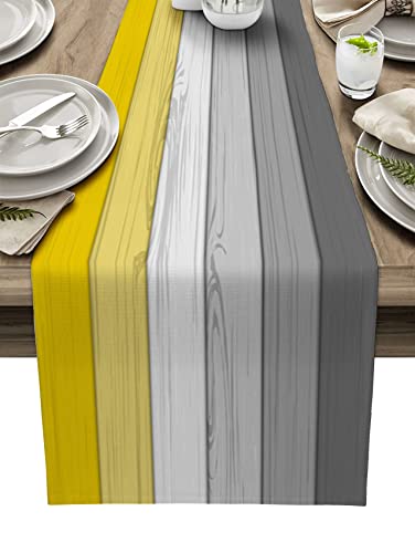Queenker Farmhouse Table Runner,Rustic Yellow Grey Ombre Gradient Wood Grain Burlap Dresser Runner,Kitchen Dining Table Scarf For Indoor Outdoor Home Party Decoration,13X36 Inch #TOP13