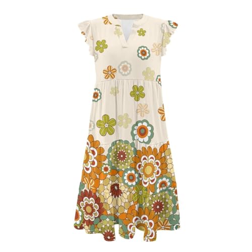 Image of Womens Summer Dress Ruffle Sleeve V Neck Dress Casual Fit Flowy Beach Vacation Sundress with Pocket S-2XL