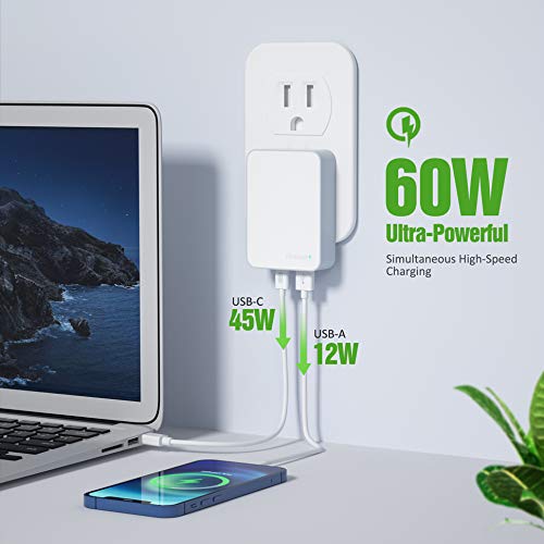 Nekmit Usb C Charger, 60W Slim Fast Wall Charger Foldable For Travel, Thin Flat Dual Port With Pd 3.0 & Gan Tech For Laptops, Macbook, Ipad Pro, Iphone 14/14 Pro / 14 Pro Max, Pixel, Galaxy #TOP1