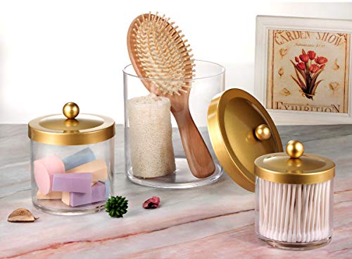 Premium Quality Apothecary Jars - Clear Plastic Storage Jars With Rust Proof Stainless Steel Lids - Bathroom Vanity Countertop Storage Organizer Canister Holder House Decor | Set Of 3 (Gold) #TOP4