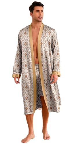 Men Sleepwear Paisley Long Sleeve Kimono Robe With Shorts Satin Nightgown Pajama Sets