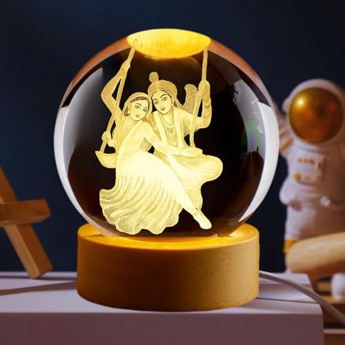 Image of Radha Krishna 3D Crystal Ball Night Light with LED Wooden Stand - Glass Sphere Aquarium Style Lamp for Room Decor & Unique Gifts
