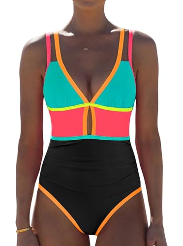Image of popvil Women One Piece Swimsuit 2026 Tummy Control Sexy Cutout Neon Color Block Bathing Suit Slimming Adjustable Swimwear