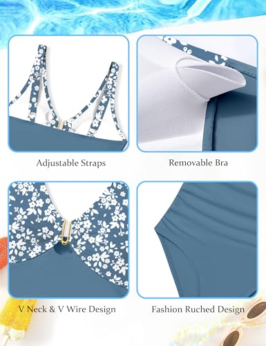 Image of Girls One Piece Swimsuit Cut Out Ruffle Bathing Suit Twist V Neck Swimwear Solid Color with Cover Up Skirt 9-16T