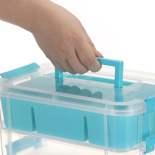 Image of plastic boxes for Storage transparent boxes for storage, Portable & Stackable Space Saving Organiser with Lid for Medicine, Jewelry, Arts & Crafts, Buttons, Beads (Blue, 4 TIER WITH 2 TRAY)