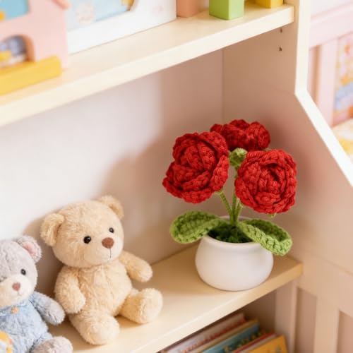 ポット、赤いバラの小さな鉢植えの花、母親、バレンタイン、母親、妻、車のダッシュボード用の素敵なデスク装飾、ニットフラワー [4]