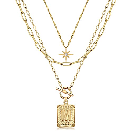 Mjartoria 14K Gold Plated Layered Initial Necklaces For Women Trendy, Simple Square A-Z Letter M Necklace, Paperclip Chain Necklace, Initial Choker Necklace Gold Layered Necklaces Jewelry For Women #TOP1