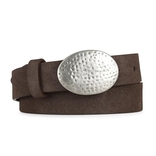 Women’s Suede Leather Belt Dark Brown Boho Waistband with Silver Round Buckle for Dresses, Jeans, Coastal Styling