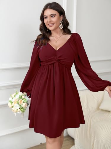 Image of SCOMCHIC Women's Plus Size Puff Long Sleeve Dresses Sweetheart Neckline A Line Short Wedding Guest Cocktail Dress
