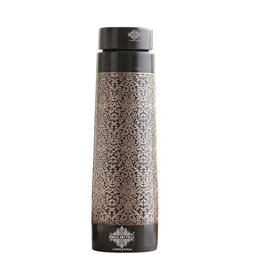 Image of INDIAN ART VILLA Copper Drinkware Gift Pyramid Shape Dark Embossed Design Copper Bottle, 800 ML, Prined Dark Brown