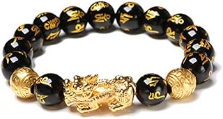 Macabolo Black Obsidian Wealth Beads Bracelet Lucky Wealthy Amulet Bracelet with Golden Pi Xiu