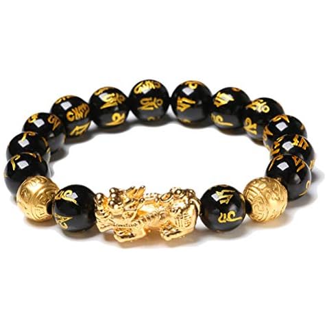 Tianbi Black Obsidian Wealth Bracelet, Feng Shui Bead Bracelet Chinese Pi Xiu Bracelet Obsidian Wealth Bracelet with Hand Carved Amulet for Good Luck Wealth Cover