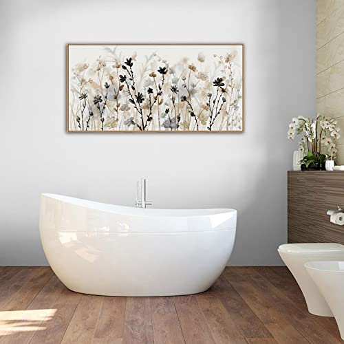 Framed Floral Wall Art Abstract Grey Cream White Grass Flowers Canvas Pictures Modern Landscape Painting Botanical Artwork For Living Room Bedroom Kitchen Office Wall Decor Ready To Hang 20"X 40" #TOP5