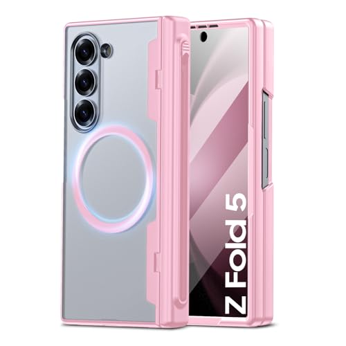 Image of Spugan for Samsung Galaxy Z Fold 5 Case with Mag-Safe & S Pen Holder & Hinge Cover & Screen Protection, Translucent Matte Strong Magnetic Flexible TPU Shockproof Phone Case for Galaxy Z Fold 5 (Pink)