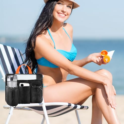 Beach Chair Cup Phone Holder Attachment Black Camp Chair Side Pocket Organizer Beach Chair Accessories Pouch Camping Chair Armrest Storage Bag with 4 Pockets for Water Bottle Sunglasse Book