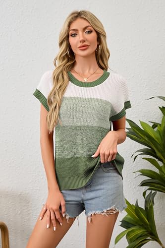 Women's Short Sleeve Sweater Vest Cap Sleeve Summer Sweaters Crewneck Casual Lightweight Color Block Tank Tops4