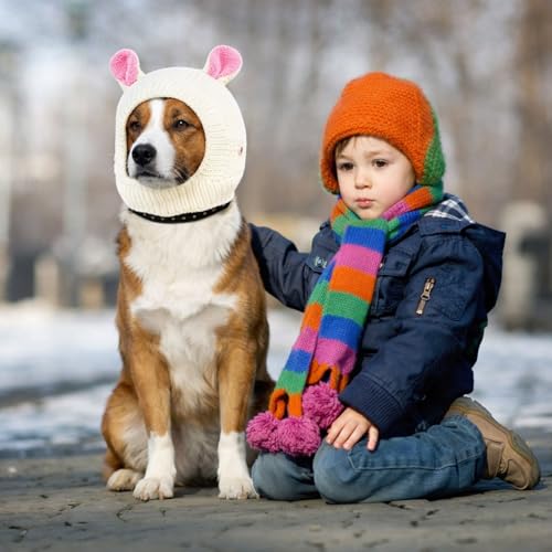 Image of Frienda Dog Ear Muffs Noise Protection, Neck 14.96 Inch Fits Medium Dogs, Knitted Calming Hood for Dogs, Fireworks Thunder Anxiety Relief, Fleece Inner Warm Beanie Hat(Milk White)