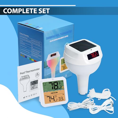 Solar Poolthermometer IP68 Wasserdicht, Drahtloses Schwimmbadthermometer mit Indoor-Temperatur- und Luftfeuchtigkeitsmonitor, Schwimmendes Display mit dynamischer Lichtshow, 100m Drahtlose Verbindung