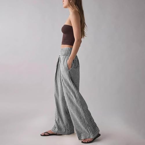 Women Plaid Pant Elastic High Elastic Waist Wide Leg Lounge Pant Loose Fit Summer Fall Classic Trousers with Pocket3