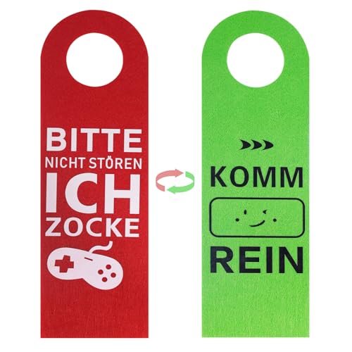 Türschild „Bitte nicht stören“ 2er Pack, mit „Ich ZOCKE“ & „KOMM REIN“, Doppelseitiges Filz-Schild für Türklinke, Gaming-Zimmer, Büro - Lustiges Geschenk für Gamer