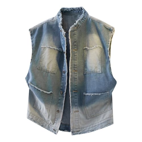 Duohropke Chaleco de mezclilla para hombre, informal, sin mangas, chaleco vaquero rasgado, chaleco vaquero deshilachado, chaleco clásico vintage con bolsillos, chaleco vaquero para motoristas, al aire