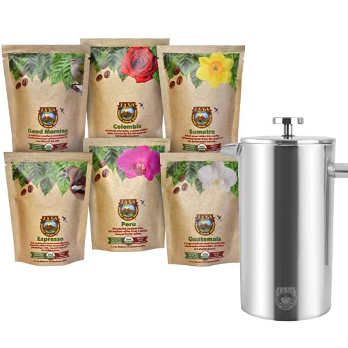 Java Planet - Coffee Gift Set - Organic Whole Bean Gourmet Coffee - Specialty Craft Roasted Arabica Beans - 6 Coffee Sampler & 1 French Press #TOP12