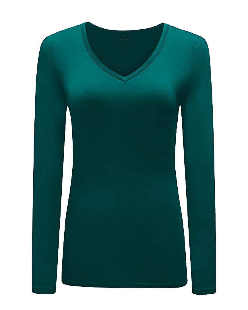 KATSSI Women’s Ladies Long Sleeve Stretch Plain V Neck T Shirt Top Teal