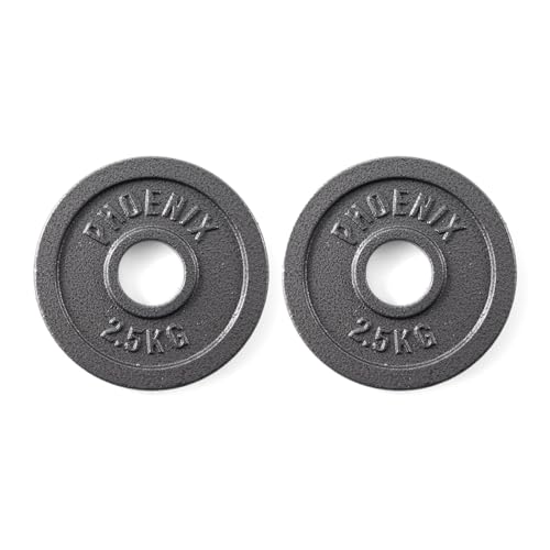Phoenix Fitness Cast Iron Olympic Weight Plates - 2-Inch Free Weight Plate for Barbell Dumbbell Bars, Weightlifting & Strength Training at Home Gym - Pair or Set of 4: 1.25kg, 2.5kg, 5kg, 10kg, 20kg