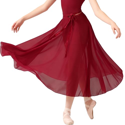 Wuchieal Dance Skirts for Women, Long Chiffon Ballet Skirt, Women's Dance Wrap Skirt with Tie (One Size, Burgundy)