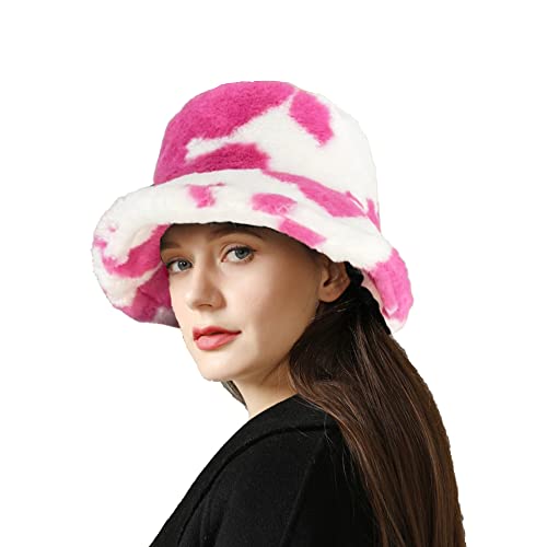Czevip Pink Outfits For Women Fuzzy Bucket Hats Cute Warm Winter Faux Fur Hat For Teen Girls Cow Print Fluffy Hats Soft Cozy Furry Hat Trendy Stuff Winter Accessories #TOP1