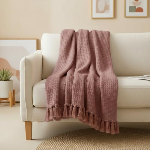 Image of Furnistitchs Bohemian Cotton Sofa Throw Blanket 50x60 inches | Waffle Knit & Chevron Pattern with Fringes | Aesthetic Decorative Couch Throw for Living Room & Bedroom (Onion Pink)