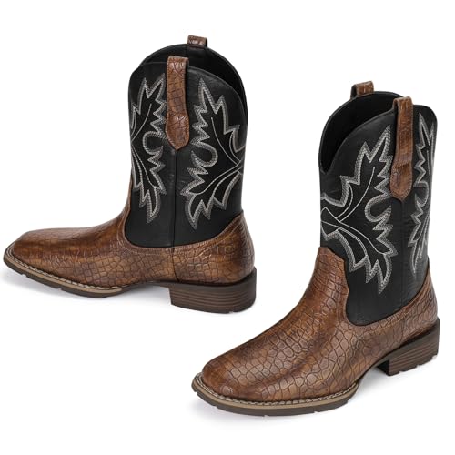 Image of Lumeheel Cowboy Boots for Men - Western Men's Boots with Classic Embroidered, Slip on Square Toe Boots, Slip Resistant Country Boots Chunky Heel Ankle, Durable Short Boots for Spring Fall