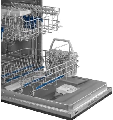 Sun mo tipetipe view of the dishwasher's lower basket and cutlery basket, showing internal components for cleaning and maintenance.