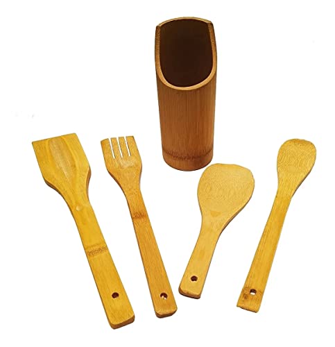 Kit Colher Bambu Culinário Pau Suporte Utensílios Cozinha Natural Ecológico Conjunto (Redondo)