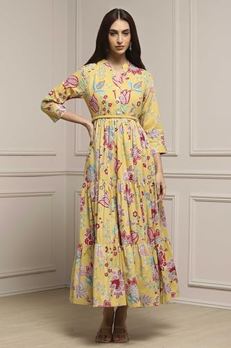 Image of Biba Women's Cotton 3 /4 Sleeves Calf Length Band Collar A-Line Floral Printed Casual Dress