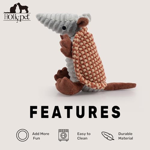 Image of Hollypet Plush Dog Squeaky Toy Stuffed Armadillo Animal Pet Puppy Chew Toys with Clean Teeth for Small Medium Large All Breed Sizes Dogs, Burnt Orange and Light Yellow,8 in
