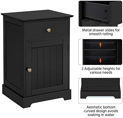 Yaheetech Bedside Cabinet Set of 2PCs with Lid, Wooden Nightstand, Black Side Tables End Tables with Drawer & Cupboard for Bedroom/Living Room, 40x35x60cm
