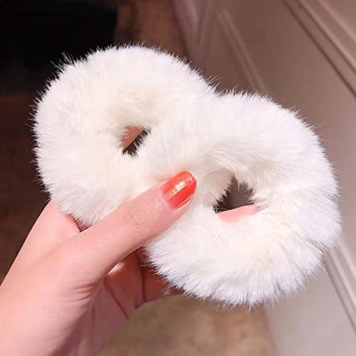 2 PCS Furry Hair Scrunchies Cute Hair Bands with Faux Rabbit Fur Elastic Hair Ties Hair Bobbles Ponytail Holders Girls Women Hair Accessories (Off-white)