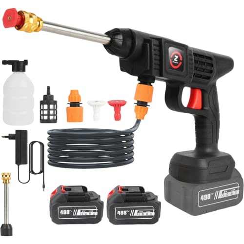 Nettoyeur Haute Pression sans Fil, 21V Max 50Bar Nettoyeur Haute Pression sur Batterie, Press & Clean avec Batteries, Pot à Mousse, Tuyau de 5 Mètres, pour Voiture, Gazon (avec 2 Batteries 6000mAh)