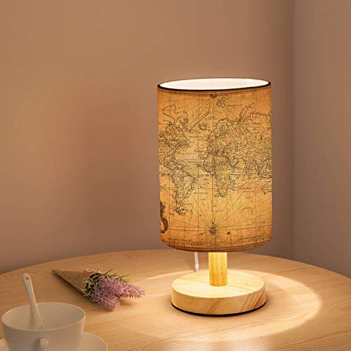 Rainfallaring Minimalist Bedside Table Lamp Vintage Map Of The World 1778 Solid Wood Nightstand Lamp Bedside Desk Lamp Wood Base Flaxen Fabric Shade For Bedroom Living Room #TOP2