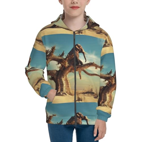 Elephant on dry tree Kids Pullover Hoodies Boys Zip Up Sweatshirts Girls Athletic Clothes with Pocket3