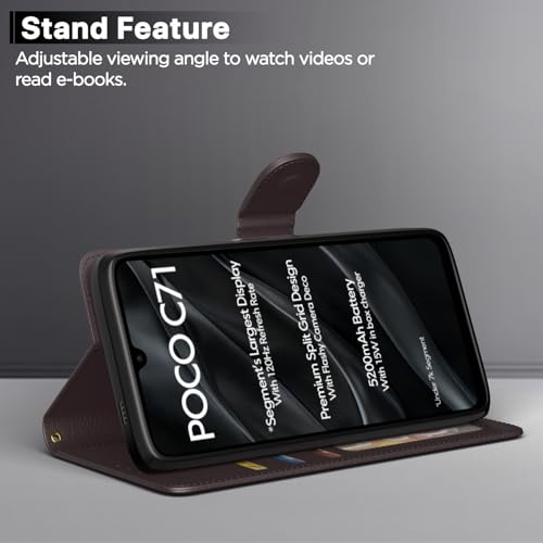 Image of Amazon Basics Flip Cover for Poco C71 / Redmi A5 Leather Finish | Wallet Stand and Shock Proof | Inside TPU with Card Pockets | Complete Protection Flip Case(Coffee)